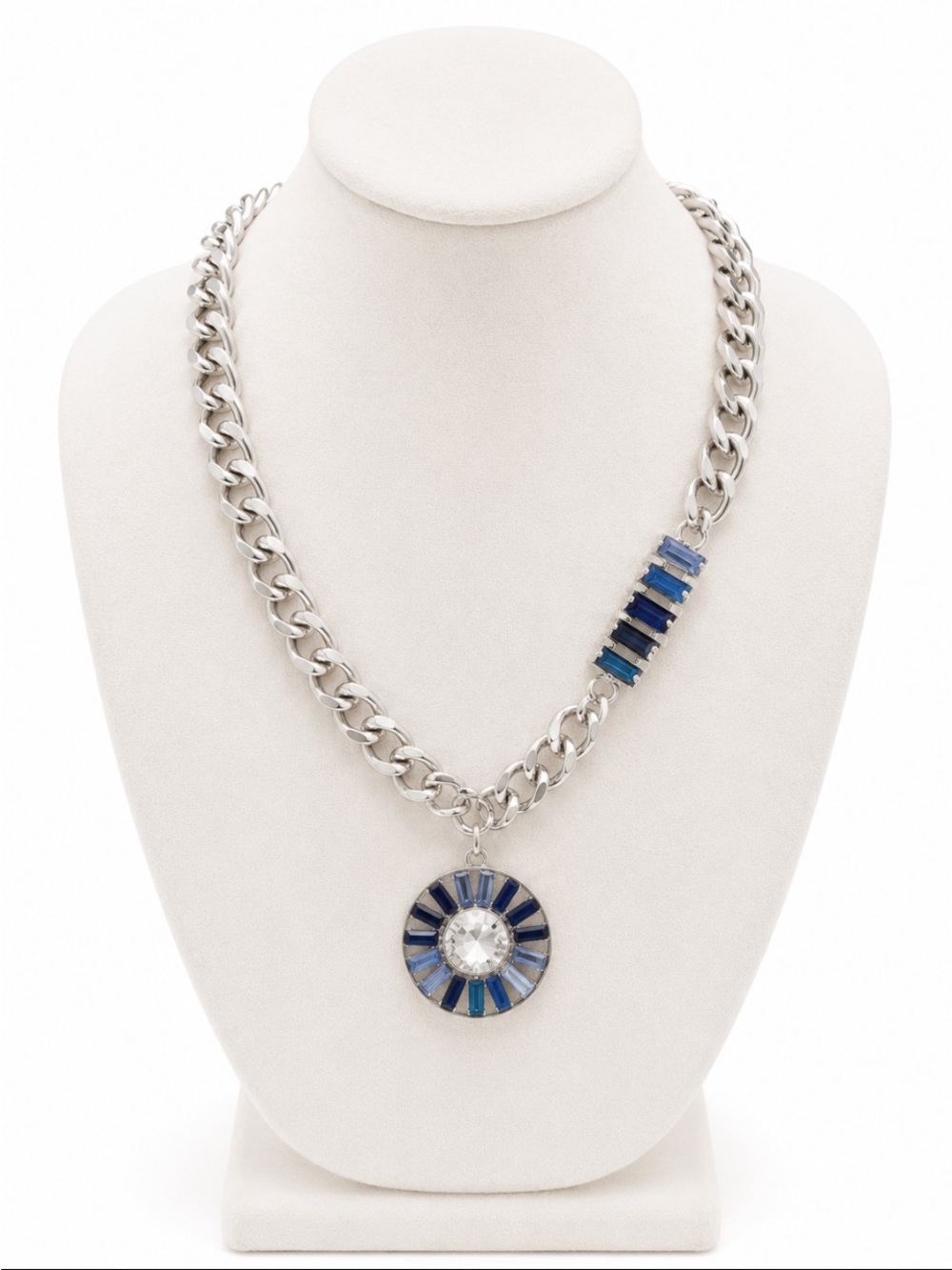 Blue Crystal Sunburst Pendant Silver-Tone Statement Necklace
